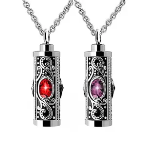 Stainless Steel Cylinder Cremation Urn Necklace With Birthstone Memorial Ash Pendant Filigree Engraved Ash Holder Jewelry For Men Women