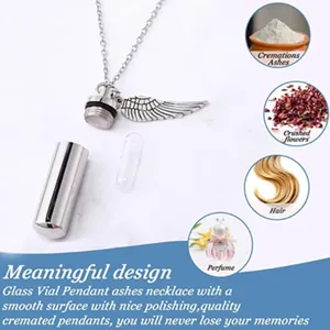 Stainless steel cylinder cremation urn necklace with wing charm and mini glass vial