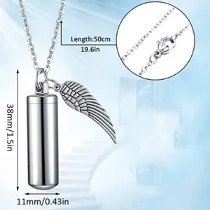 Stainless steel cylindrical urn necklace with wing charm and measurements