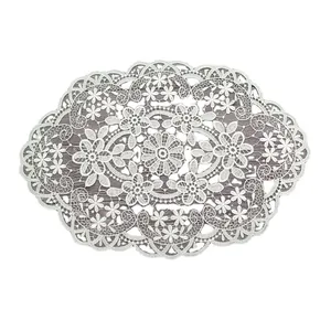 Elegant white oval lace placemat with floral embroidery for vintage home table decor