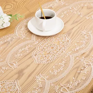 Macro detail of elegant beige lace embroidery and hollow-out floral pattern on a table