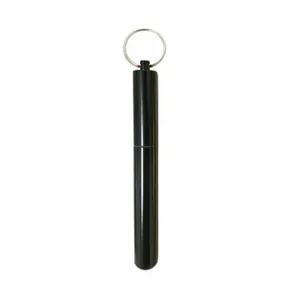 Portable black aluminum alloy storage tube for telescopic straws with a silver keychain ring