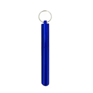 Blue portable aluminum alloy storage tube with keyring for telescopic straws or toothpicks