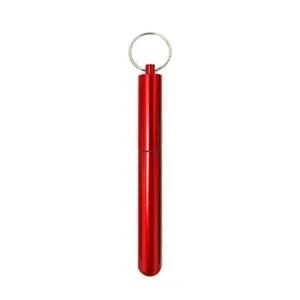 Portable red aluminum alloy storage tube with keychain for telescopic straws or toothpicks