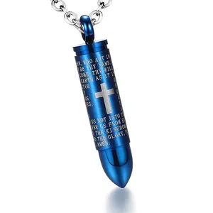 Macro view of blue bullet cremation urn necklace with cross and Lord's Prayer