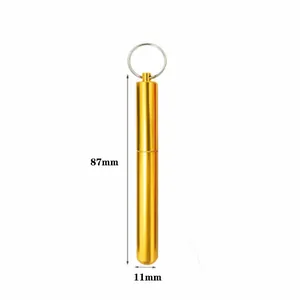 Portable gold aluminum storage tube for straws or toothpicks, dimensions 87mm x 11mm