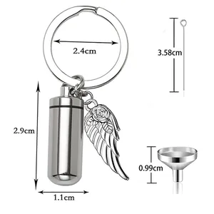 Detail view showing dimensions of stainless steel cylindrical urn keychain