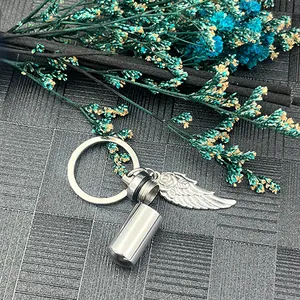 Memorial stainless steel cylinder urn keychain with wing charm for keepsake jewelry