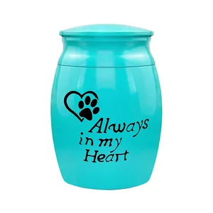 Detailed view of a cyan aluminum pet cremation urn with Always in my Heart inscription