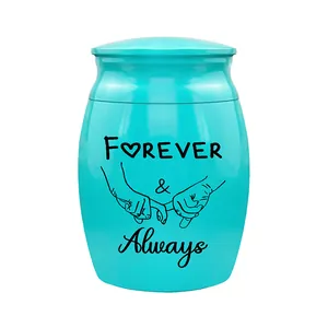 Detail view of turquoise cremation urn with Forever & Always engraving and pinky swear art
