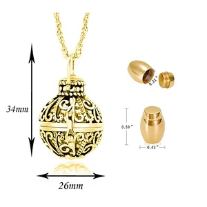 Detail view showing dimensions of gold filigree round cremation urn necklace set