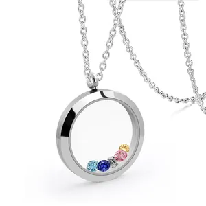 Elegant silver floating locket necklace with colorful birthstones in stainless steel