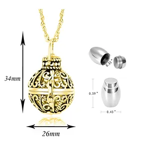 Detail view of 34mm gold filigree urn necklace showing dimensions and inner capsule.