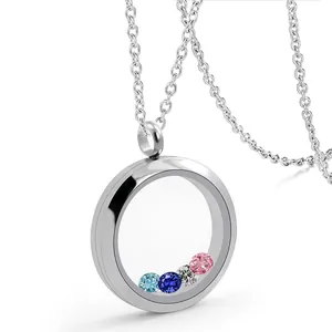 Close-up of a silver titanium steel locket pendant necklace with colorful birthstones