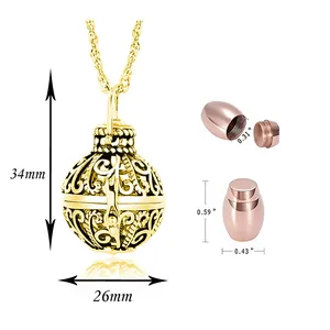 Detailed dimension view of the gold hollow round memorial urn necklace pendant for ashes