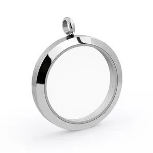 Detailed view of a circular stainless steel glass locket pendant with high-shine finish