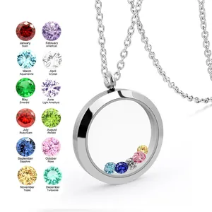Stainless Steel Clear Floating Locket Necklace With 12 Birthstone Crystals Round Openable Pendant Memorial Jewelry For Women