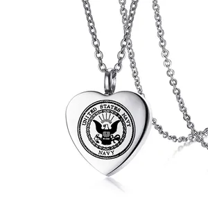 Heart Cremation Urn Necklace Stainless Steel US Navy Memorial Pendant Ashes Holder Perfume Bottle Keepsake Jewelry For Men Women