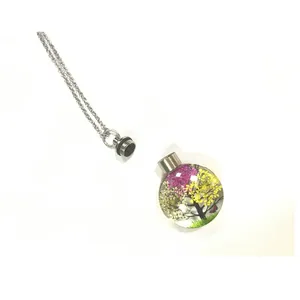 Openable glass dried flower memorial urn necklace for ashes with colorful tree design