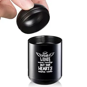 Kleine schwarze Metall-Urne für Asche mit Engelsflügeln und Gedenkschrift-Design