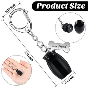 Detailed product dimensions for the black pet urn keychain with Best Friend bone tag