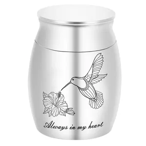 Kleine silberne Tierurne aus Legierung mit Kolibri-Gravur und Text "Always in my heart"