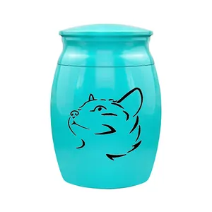 Kleine türkisfarbene Haustier Urne mit minimalistischem schwarzem Katzensilhouetten Design