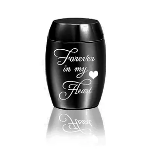 Close-up detail of black mini aluminum alloy cremation urn Forever in my Heart engraving