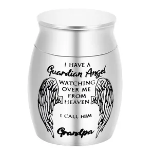 Small silver memorial cremation urn with Guardian Angel Grandpa engraving detail