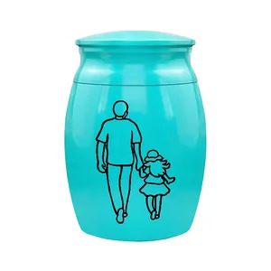 Detaillierte Ansicht einer türkisfarbenen Urne mit Vater-Tochter-Illustration-Design