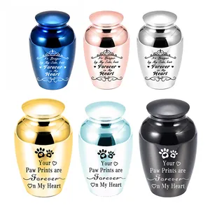 Small stainless steel memorial cremation urns for pet ashes in six assorted colors