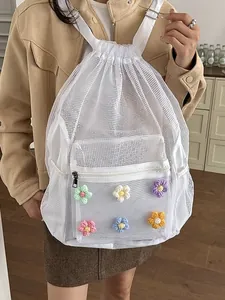 Mochila de malla blanca con cordón y flores tejidas de colores para mujer, diseño coreano