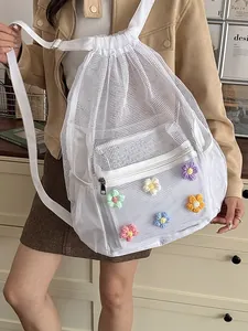 Mochila de malla blanca estilo coreano con flores de ganchillo, bolso escolar casual