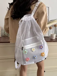 Mochila de malla blanca con cordón y flores de ganchillo de colores, estilo coreano.