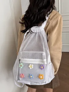 Mochila de malla blanca de estilo coreano con flores de punto de colores decorativas