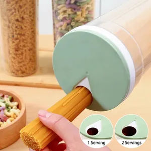 Sealed pasta storage container with portion control lid for spaghetti and noodles.