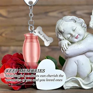 Detailed view of rose gold pet memorial urn keychain with 'Best Friend' bone charm