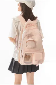 Detail showing a pinkish-beige Korean style backpack worn by a model in casual setting