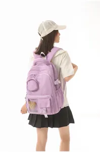 Back view of a trendy purple Korean style cotton padded backpack for school girls