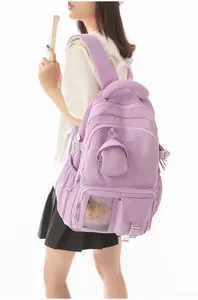 High-quality detail of a purple padded Korean style backpack for teenage school girls