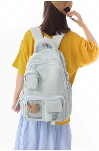 Back view of a light blue Korean style padded handle backpack with bear accessory