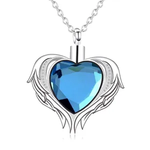 Collana Urna Cuore Ali di Angelo in Acciaio Inossidabile Gioielli per Cremazione Commemorativa Ciondolo per Ceneri Pietra di Nascita Strass