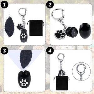 Detail view showing steps for filling pet cremation urn keychain with ashes.