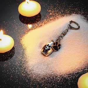 Stainless steel pet cremation urn keychain with black paw print charm on white sand background