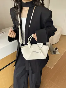 Elegante borsa a secchiello bianca a pieghe retrò da donna con manici annodati unici