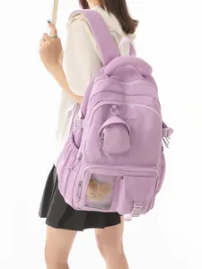 Stylish purple Korean style backpack for school and casual commuting with bear detail