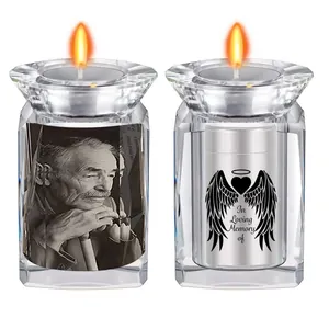 Detailed view of crystal memorial urn candle holder featuring custom photo engraving