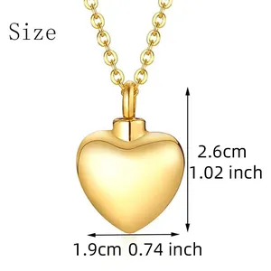 Detailed size measurements for gold heart-shaped stainless steel cremation urn necklace pendant