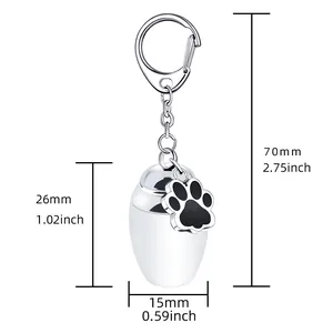 Dimension detail for stainless steel cremation urn keychain with black paw charm