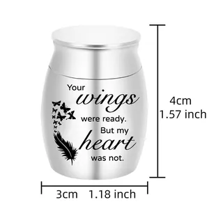 Small stainless steel mini cremation urn for pet ashes with wings and heart design